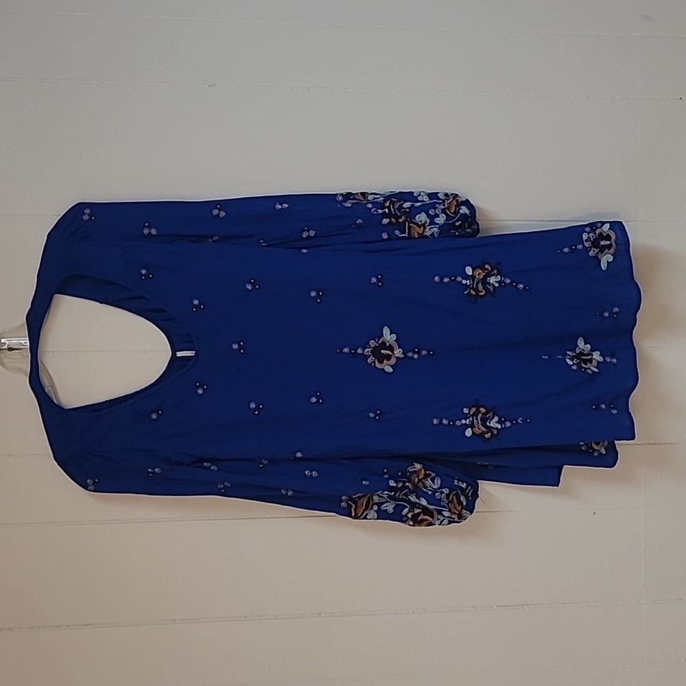 Free People Blue Oxford Long Sleeve Keyhole Back Mini Dress Embroidered Sz XS - Picture 4 of 15